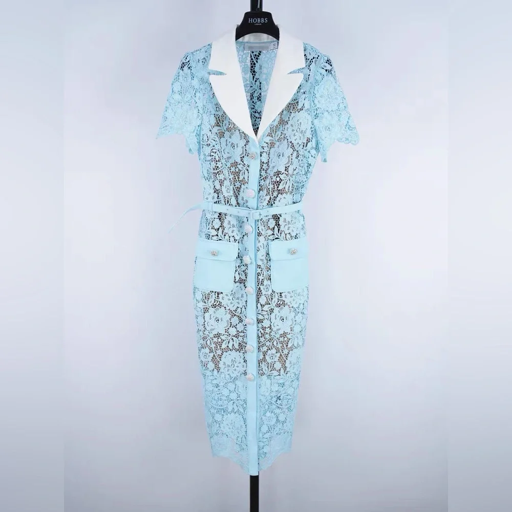 Self-Portrait Blue Lace Embellished Buttons Belted Mini Dress UK8/US4 NWOT - Picture 3 of 11